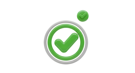 Green check mark symbol inside a grey circle isolated on transparent background