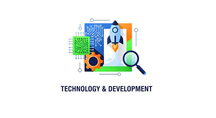 Technology and development concept with rocket, circuit board, and magnifying glass isolated on transparent background