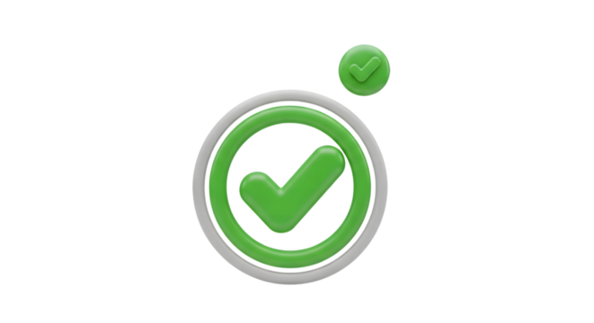Green check mark symbol inside a grey circle isolated on transparent background