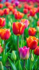 Vibrant tulips sway gently in a sea of green as spring awakens in this lush field