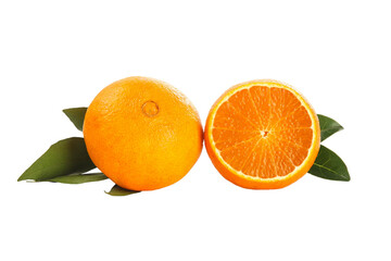Fresh Orange Fruit Whole and Half with Green Leaves on White Background