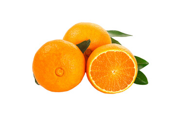 Fresh Orange Citrus Fruits with Green Leaves on White Background