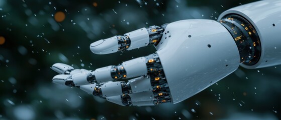 Robotic hand extended in snowfall symbolizes technology, innovation, and future, representing artificial intelligence, robotics, and human-machine connection.