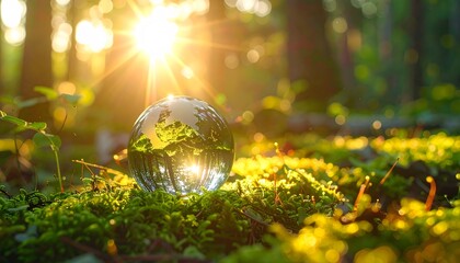 transparent glass globe sitting on green moss in the forest