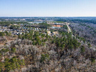 Aerial landscape Grovetown suburb neighborhood winter after Hurricane Helene in Augusta Georgia