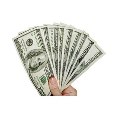 Hand holding a fan of one hundred dollar bills