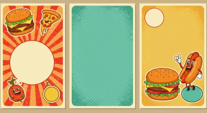 Retro 70s Fast Food Posters and Stickers with Burger, Hot Dog, Pizza, Funky Characters, Slogans, and Groovy Cafe Bar Branding Vector Templates - Powered by Adobe