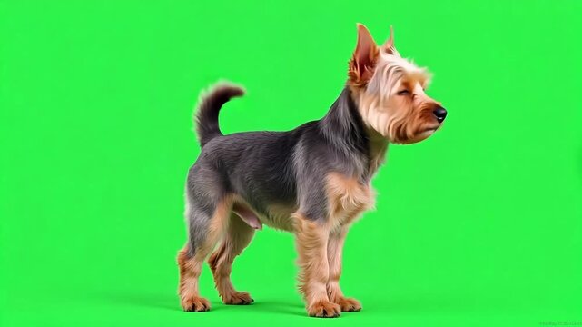Playful Yorkshire Terrier puppy prancing on vibrant green screen, perfect for pet product ads and cheerful animal content projects