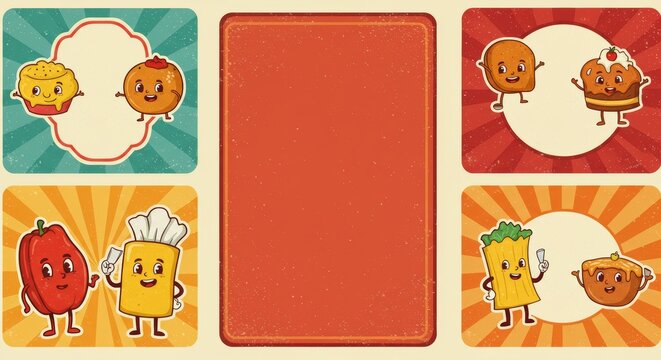 Retro 70s Fast Food Posters and Stickers with Burger, Hot Dog, Pizza, Funky Characters, Slogans, and Groovy Cafe Bar Branding Vector Templates