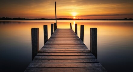 Fototapeta premium Sunrise over a calm lake, wooden pier extends into the water