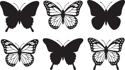 Simple flat silhouette butterflies illustration. Black butterflies collection. Silhouettes, vector isolated on white background