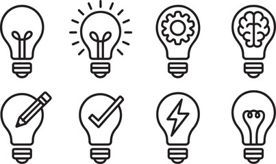 Light Bulb Icon Set Idea Generation Creativity Innovation Solution Symbol Outline Style on Transparent Background
