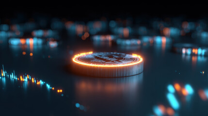 Futuristic Glowing Coin Made Of Stock Trading Candlestick Charts Neon Background