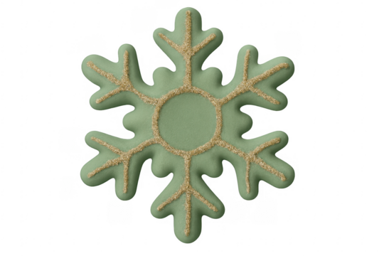 Green snowflake ornament decorated with gold glitter on transparent background
