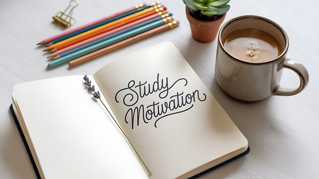 Study motivation flat lay with notebook coffee and colorful pencils on desk - Powered by Adobe