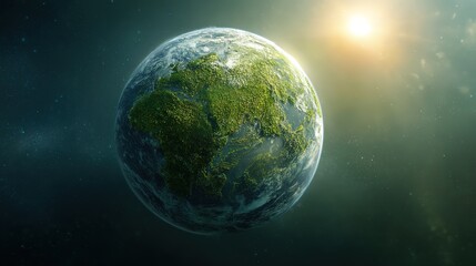 Obraz premium Earth globe vibrant green continents with right negative space, atmospheric limb glow soft sun rim, subtle starfield volumetric shafts, banner ready