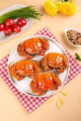 Steamed Yangcheng Lake Hairy Crabs with Fresh Vegetables - Traditional Chinese Seafood Delicacy Closeup