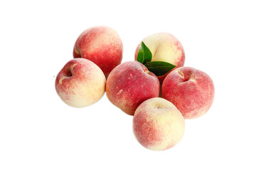 Fresh Ripe Peaches with Red Golden Skin and Green Leaves Isolated on White Background