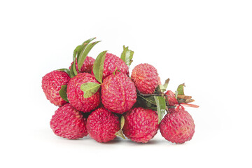 Fresh Lychee Fruits with Leaves on White Background - Tropical Exotic Fruit