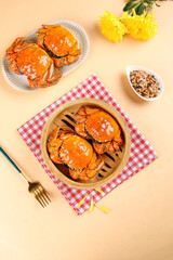 Steamed Yangcheng Lake Hairy Crabs Traditional Chinese Seafood Display Closeup