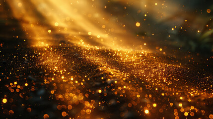 Naklejka premium Transparent sunlight lens flare with golden shimmer and soft bokeh particles over neutral background, ideal for overlays and natural effects