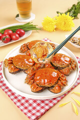 Steamed Yangcheng Lake Hairy Crabs Chinese Seafood Delicacy with Chopsticks