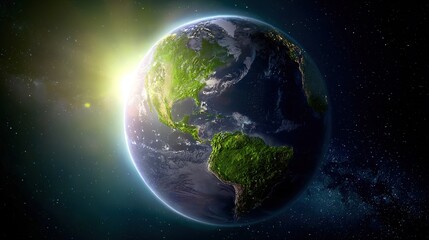 Obraz premium High-detail Earth space floating, atmospheric limb glow volumetric sunlight effect, cloud bands ocean specular highlights, commercial advertising negative space