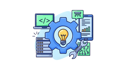 Gear with lightbulb, servers, laptop, phone, and wrench isolated on transparent background