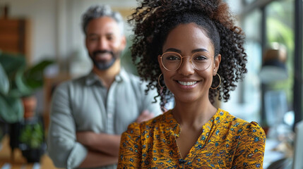 Two diverse professionals smiling and conversing in open-plan office, warm natural light and neutral background supporting genuine interaction