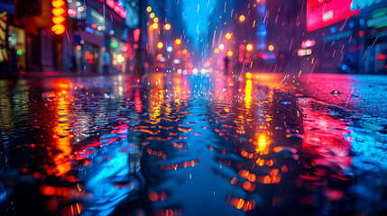 Fototapeta premium Nighttime urban scene with wet sidewalks reflecting colorful storefront and street lighting, low angle view emphasizing texture and contrast
