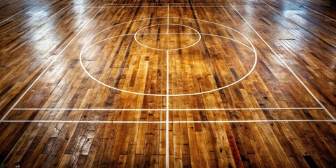 A worn hardwood basketball court floor with faded lines and scratches