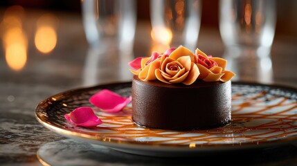 Elegant chocolate dessert cake topped with handcrafted orange marzipan roses and pink rose petals on glass plate fine dining gourmet presentation