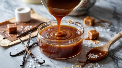Rich golden caramel sauce being poured into clear glass bowl creating perfect spiral swirls on marble surface with vanilla beans and sea salt crystals