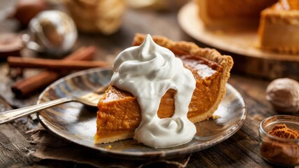 Whipped cream swirled on pumpkin pie slice with golden crust served on glass plate with fork and autumn spices in rustic kitchen setting