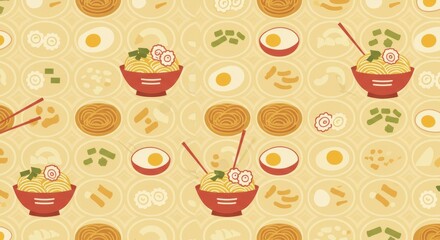 Noodle Ramen Pattern Background with Geometric Pasta Texture, Flat Vector Wave Ornament Food Illustration in Warm Beige, Yellow, and Red Palette