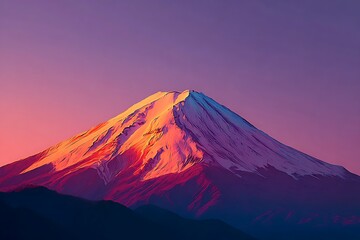 Fototapeta premium Stunning Mount Fuji at sunset with vibrant colors and dramatic light creating a peaceful zen landscape, perfect for travel brochures or inspirational posters