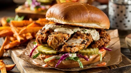 Blackened cajun chicken sandwich with crispy seasoned coating and creamy sauce on brioche bun served with golden sweet potato fries on rustic wooden board