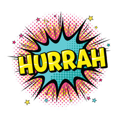 Hurrah word art in comic style with burst and halftone background on transparent background