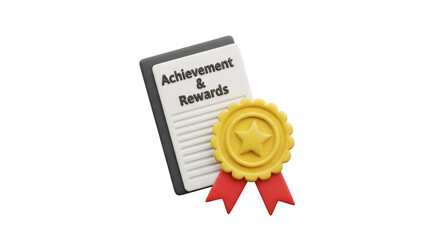 A yellow achievement and rewards medal with red ribbons next to a document, isolated on transparent background