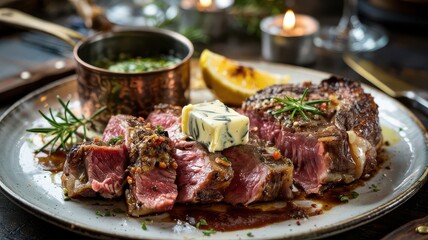 Anchovy butter steak sliced medium rare beef with herb compound butter pat melting on top served on elegant plate with rosemary and lemon garnish