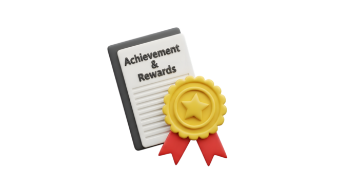A yellow achievement and rewards medal with red ribbons next to a document, isolated on transparent background