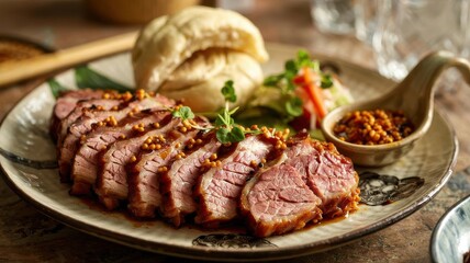 Chinese char siu barbecue pork sliced and beautifully plated with traditional accompaniments, steamed buns, pickled vegetables and dipping sauce on ornate ceramic dish