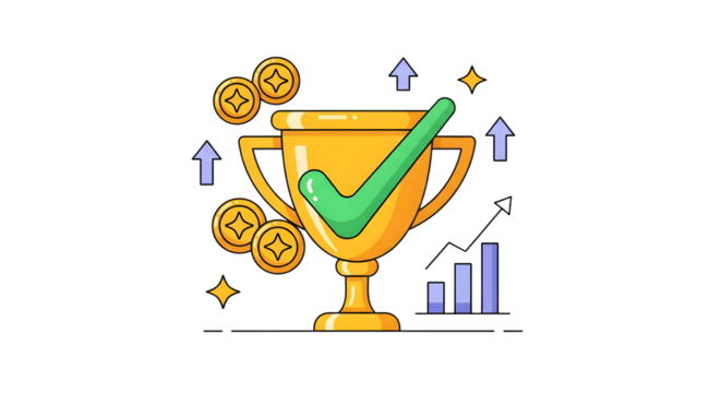 Golden trophy with green checkmark, coins, and upward trending graph showing success isolated on transparent background