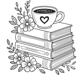 Beautiful lineart illustration of an elegant teacup with flowers on top of books