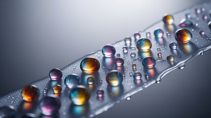 Colorful water droplets macro on smooth surface with light reflection