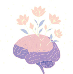 Whimsical pastel flowers grow from a human brain against a starry background—symbolizing creativity, mindfulness, and mental growth with a soft surreal aesthetic.