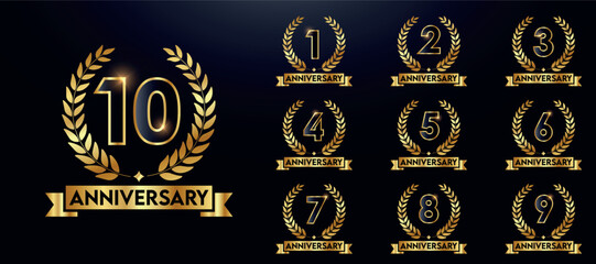 Set of golden anniversary logotypes for celebration events, weddings, greeting cards, and invitations. Gold emblem with number. Vector illustration	

