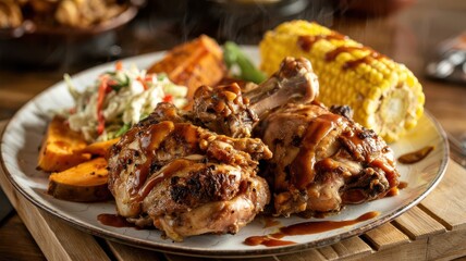 Jerk chicken plate with glazed bone-in thighs, grilled corn, sweet potato wedges and coleslaw on white plate with rich sauce drizzle and warm lighting