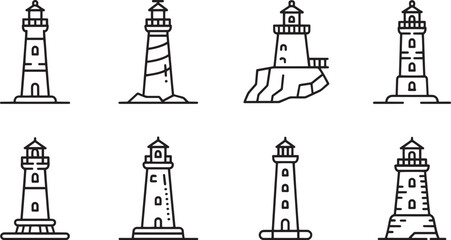 Nautical Navigation Beacon Icons Set Coastal Guidance Structures Linear Pictograms Lighthouse Collection