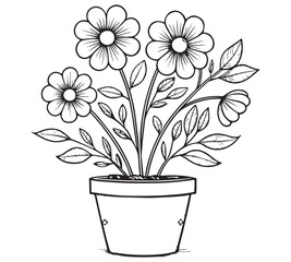 This is a black-and-white line drawing of a round vase filled with flowers and leaves